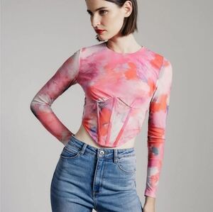 BARDOT Lena Mesh Corset Long Sleeve Fitted Top In Wildflower Size Small